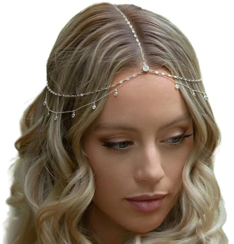 Ypkia Head Chain Silver Crystal Headband Pendant Bridal Headpiece Tassels Layered Hairpiece Festival Hair Accessories for Women and Girls (Silver)