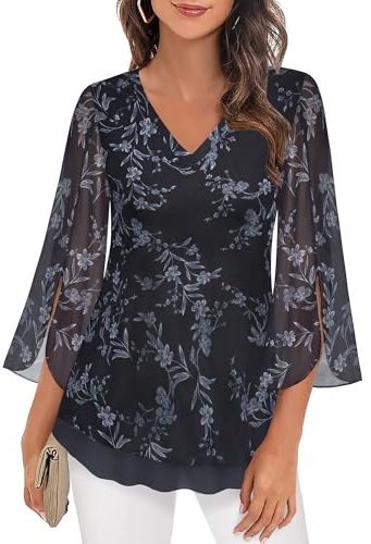 Bluse Damen, Longshirt Damen 3/4 Arm Lässig Shirts A Linie Schicke Festliche Blusen Edel Festival Weite Blusen & Tuniken Elegant Trompetenärmel Oberteil Schwarz Damentunikas 3/4ärmel,XL