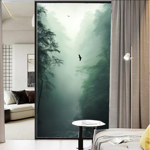 AEMYSKA Vintage Wald Buntglas Fensterfolie Modern Natur Vögel Nebel Rustikale Landschaft Fenster Sichtschutzfolie Nicht Klebende Glasfolie Dekorative Statische Frischhaltefolie für Home Office 45 *