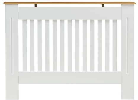Panana Modern Slatted Radiator Cover, Slatted Cabinet Radiator Covers MDF Wood Cabinet Shelf Heating Covers For Living Room, Hallway (White with Wood Top, M)