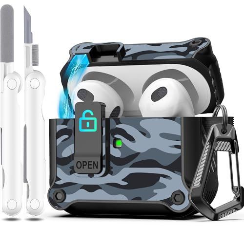 R-fun Compatible with AirPods 3rd Generation 2021 Charging Case Cover, Full Drop Protection Auto Pop-Up Lid Compatible with Apple Airpod 3 Gen Case with Cleaner Kit & Keychain,Camouflage Black
