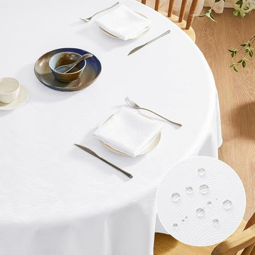 Softalker Nappe blanche ronde 180 cm Diamètre anti-taches Nappes avec motif à rayures Jacquard Nappe élégante de protection de table pour fête d'anniversaire, cuisine de Noël, 6 à 8 places, 1 pièce