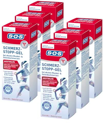 SOS Schmerz-Stopp-Gel (6x 50ml) Schmerzgel zur schnellen Linderung von Muskelschmerzen, Gelenkschmerzen & posttraumatischen Schmerzen - mit Massage-Applikator & Kalt-Warm-Wirkung