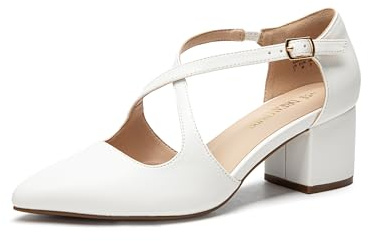 DREAM PAIRS Damen Pumps mit klobigen Absätzen, bequem, mit gekreuzten Riemen, Blockabsatz, Schuhe für Partys und Tanzen Brautschuhe,Size 38,Weiss-Pu,SDPU2409W