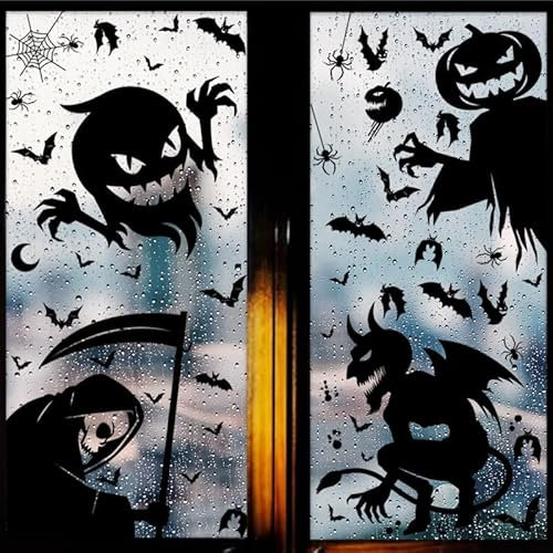 Halloween Fensteraufkleber, 65 Stück Statisch Deko Aufkleber Halloween Selbstklebend Wiederverwendbar Ablösbar, Halloween Deko Fenster, Fledermaus Kürbis Horror Gespenst (4 Blatt)