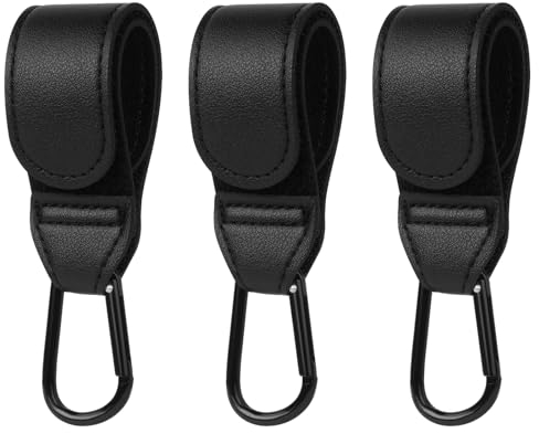 URAQT Ganci Passeggino 3 Pezzi, Nero Ganci per Passeggino Gancio per borsa della spesa, Gancio Passeggino Universale Sicuri Resistenti, Passeggino Accessori in Pelle, Antiscivol, Fino a 5 kg