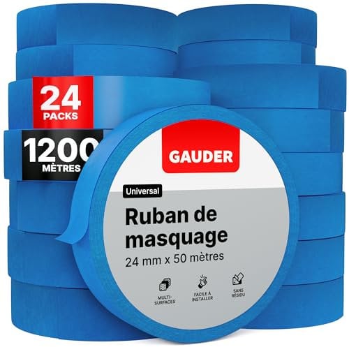 GAUDER Ruban de Masquage (24 mm x 50 m) | 24x Adhésif pour les travaux de peinture et de rénovation | Ruban crêpe pour peindre, vernir, rénover