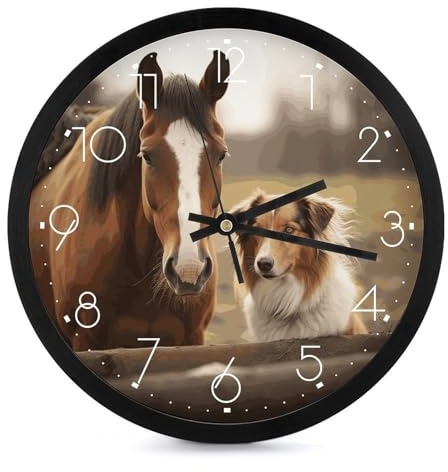 NWTRK Collie Wanduhr Hund und Pferd zusammen, 25,4 cm, geräuschlos, nicht tickend, rund, bedruckt, batteriebetrieben, dekorative runde Wanduhr für Büro, Zuhause, Wohnzimmer, Schlafzimmer