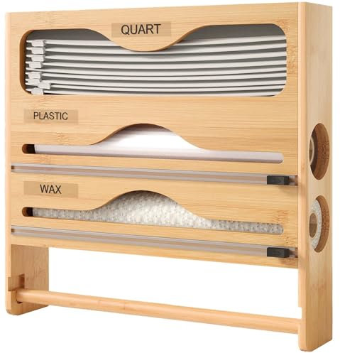 Cling Film Dispenser and Cutter, 5 in 1 Foil Dispenser Organizer with Paper Holder, Wall-Mount Bamboo Foil and Cling Film Dispenser,Kitchen Countertop, Freezer Bag Holder,Roll Dispenser A