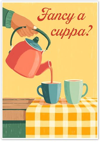 Kraft Topper Fancy a Cupp? Retro Tea Poster Print – Mid Century Kitchen Wall Art, Cosy British Tea Illustration, Vintage Teapot and Mug Artwork for Home, Café, or Gift – Unframed (A3)
