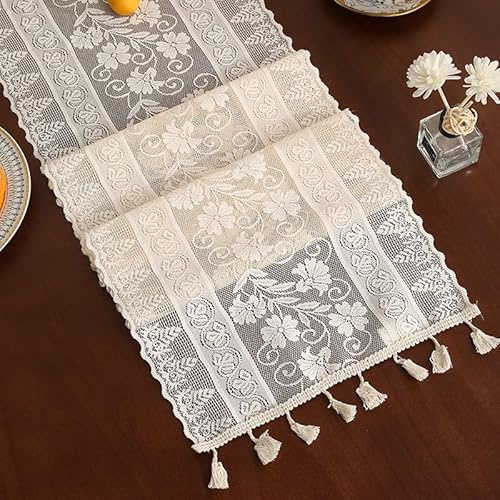 Spitze Gehäkelte Tischläufer, 30 * 180cm Boho Deko Hochzeit Tischdecke Vintage Handgewebt Makramee Stickerei Blumen Beige Tischband Tischwäsche mit Quasten für Küche Essen Urlaub Party Dekoration