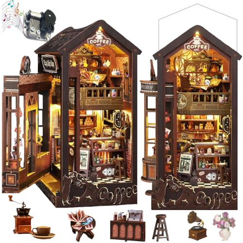TOPBSFARNY Kit de livre Nook DIY avec mouvements musicaux - Style café - Maison miniature - Puzzle serre-livres 3D bois - Décoration bibliothèque adultes - Anniversaire