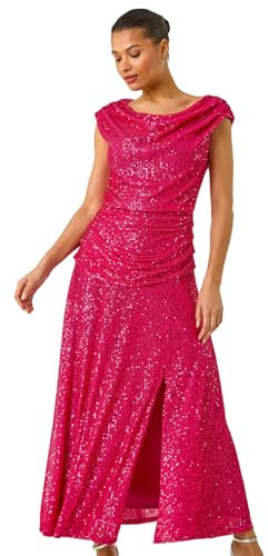 Roman Originals Sequin Cowl Neck Maxi Stretch Dress for Women UK - Ladies Everyday Autumn Winter Cowl Neckline Comfy Soft Evening Vacation Work Party Night Out - Fuchsia - Size 12