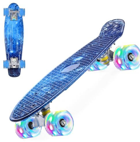 ERNAN Skateboard Komplette 22 Zoll Mini Cruiser Skateboard für Kinder Mit LED Leuchtrollen Skate Board Für Erwachsene Kinder Jungen Anfänger