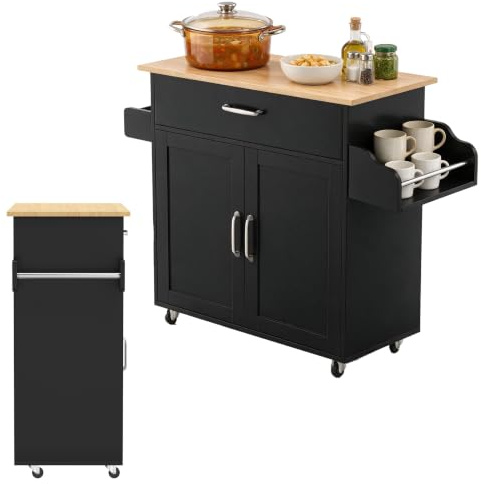 ACXIN Küchenwagen Rollwagen Servierwagen Kücheninsel, Schwarz | MDF-Küchenwagen mit Schubladen, Tür, Arbeitsfläche, Schubladen, Schrank, Gewürzregal und Handtuchhalter, 115 × 36 × 90 cm
