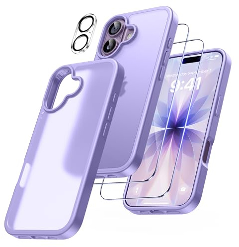 FLLAO 4 in 1 Phone Case Compatible with iPhone 17 Case with 2 Screen Protector and 1 Camera Lens Protector, Slim Soft TPU Shockproof Bumper Anti-Scratch iPhone 17 Phone Case Silicone Purple