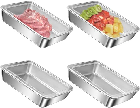 4Pcs Recipientes para Alimentos Acero Inoxidable, Crisper para Frigorífico con Tapa de Plástico, Apilables Cajas para Fiambres Fresh, Reutilizables Recipientes Herméticos para Fruta, Quesos, Carnes