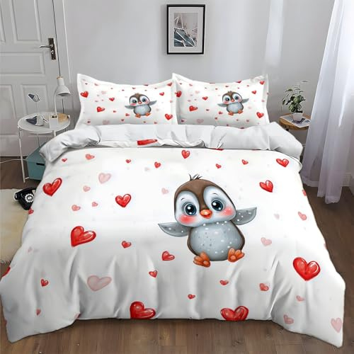 Generisch Weiß Bettwäsche 135 x 200 cm Damen Mädchen Bettbezug Cartoon Anime Liebe Pinguin Weich Baumwolle Deckenbezug Wendebettwäsche Zweiteilig mit 2 Kissenbezug 80 x 80cm