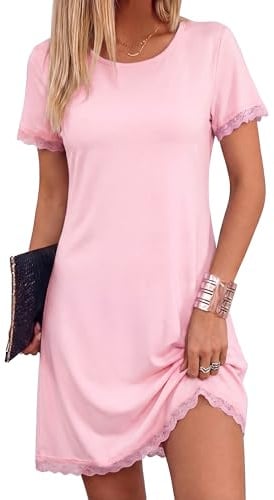 Litherday Nighties for Women Lace Trim Women's Nightwear Cotton Nightdresses Ladies Nightshirts Short Sleeve Night Gown Soft Sleepwear Pink M