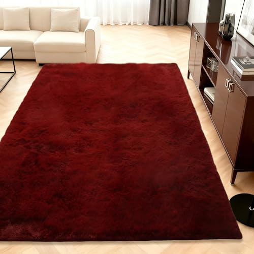 QENHYUN Moderner Hochflor Teppich 150 x 180 cm Extra Weich Bettvorleger High Pile Moderner für Kinderzimmer Teenager Schlafsaal, Weinrot