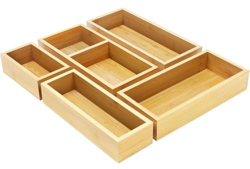 6er Set Aufbewahrungsbox Holz Organizer, Schubladen Organizer aus Bambus, Schubladen Box Sortierbox Sortierkasten Aufbewahrung Ordnungsbox für Küche,Bad,Büro&Kosmetik