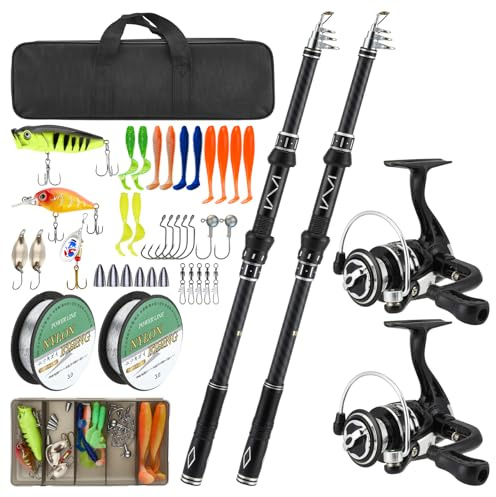 Angelset mit 2 Teleskop-Angelruten, 1,8m Kohlefaser-Angelrute Set Komplett 2 5.2:1 Spinnrolle, Köderbox & Tragetasche für Salzwasser Süßwasse Fishing