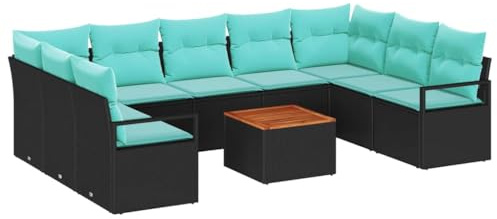 vidaXL Gartensofa-Set mit Kissen 10 pcs Schwarz Poly-Rattan, Modulare Gartenmöbel, Coole Rattan-Sitzgelegenheiten, Akazienholztisch, wetterfester Sofa, modernes Set