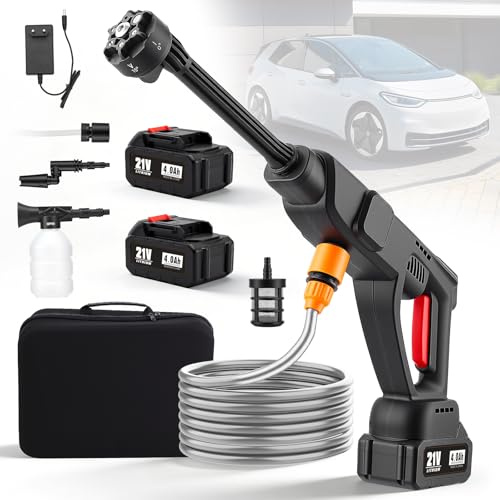Limpiador de Alta Presión con Batería,1150PSI/500L/h con Baterías de 2x4,0Ah, Boquilla Giratoria 6 en 1,Boquilla Giratoria de 180°, Atomizador de Espuma, Manguera de 5M, Caja de Almacenamiento(DJ-810)