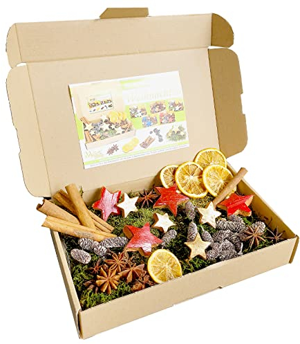 MGS SHOP Deko - Mix Weihnachten Bastelset kreative Idee Natur Dekoration mit Moos Anis Zimt Orangenscheibe Kokosstern (ROT-GOL D)