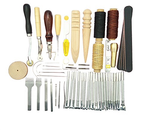 Leder Nähte Tools 59pcs Leder Craft Hand Werkzeug-Set mit Stickerei Fugenfräse, Zinken, Kantenschneider, bonefolder Falzbein Fugenfräse Ahle für Heimwerker Leder Kunstwerk, Leder, schwerer Stoff,