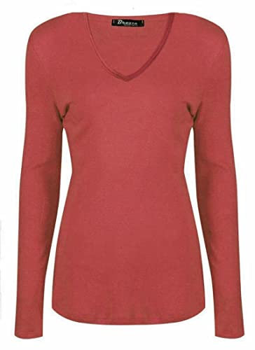 WearAll New Ladies V Neck Long Sleeve Stretch Top Plus Size Womens Plain T-Shirt Rust 16/18