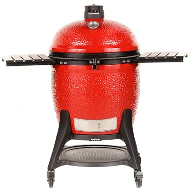 Kamado Joe Big Joe Series III 24-inch Ceramic Charcoal Grill and Smoker with Premium Cart, SloRoller Insert and 450 Cooking Square Inches in Red, Model KJ15041021