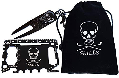 Golfgeschenk-Set: Pitchgabel mit magnetischem Totenkopf-Ballmarker + 46-in-1 Multitool Mehrfachwerkzeug (Schwarz)