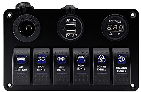 KAOLALI Pannello di Interruttori Basculanti, Pannello Interruttori 6 Gang con 2 USB Voltmetro LED Interruttori Presa Accendisigari 12V / 24V per Auto Camper RV Barca e Marina