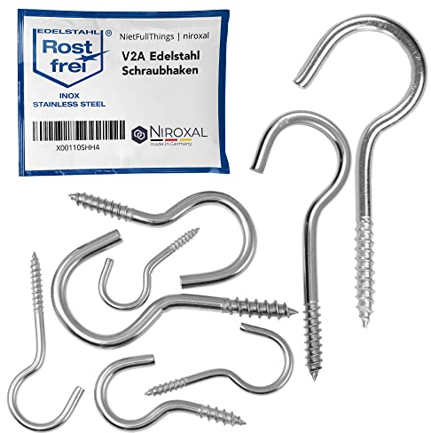 NietFullThings Gancio a vite in acciaio inox da soffitto con vite V2A, gancio in legno, A2, semiaperto, antiruggine, 4,8 mm, spessore 65 mm, lunghezza 10 pezzi