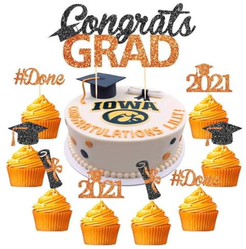 Abschlussdekorationen Orange und Schwarz 2021 Herzlichen Glückwunsch Grad Cake Topper Cupcake Picks für die High School College University Abschlussfeier Herzlichen Glückwunsch