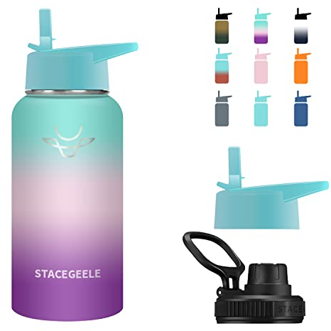 STACEGEELE Insulated Vacuum Water Bottle with Straw Lid Stainless Steel Flask Thermos Leak Proof Lightweight Eco Friendly 32oz