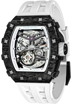 TSAR BOMBA Luxus Automatik Herren Uhr Quadratische Uhren Tonneau Skelett Armbanduhren Silikon/FKM Rubber Saphirglas Japanisches Uhrwerk 50M Wasserdichtes Geschenk für Männer