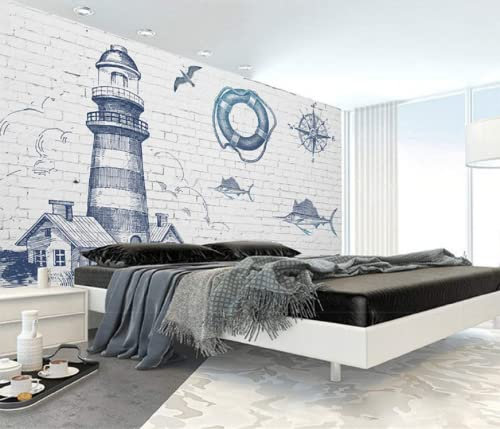 Fototapete 3D Effekt Weiße Backsteinmauer Blauer Leuchtturm Tapeten 3D Effekt Vliestapete Wohnzimmer Schlafzimmer Wandbilder Wanddeko