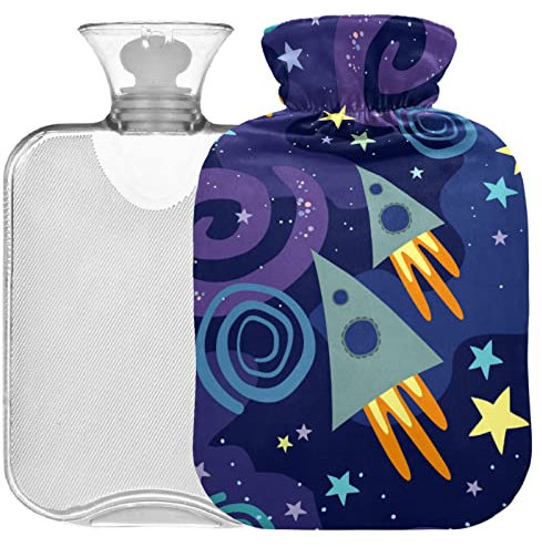 Oarencol Funny Space Star Rocket Hot Water Bottle with Cover 2L Transparent Hot Water Bag for Pain Relief Cramps