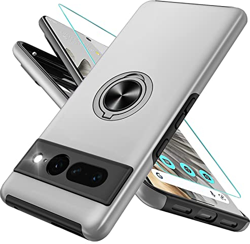 OTOFLYSTY Magnetisch Hülle mit Ständer für Google Pixel 7 Pro, Handyhülle Unsichtbarem 360° Metall Ring, Schutz der Kameralinse, Stoßfänge Fallschutz Stoßfest Slim Schutzhülle TPU Silber