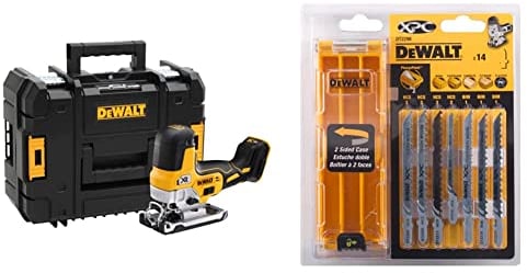 Dewalt 18V Akku-Pendelhubstichsäge DCS335NT (bürstenlos, verstellbarer Alu-Druckguss-Sägeschuh, 3-fach Pendelhub, inkl. Absaugadpater) & XPC Holzstichsägeblätter-Set DT2298