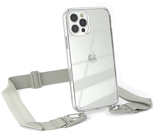 EAZY CASE - Hülle mit Band kompatibel mit iPhone 12/12 Pro Handyhülle mit Umhängeband für iPhone 12/12 Pro Silikonhülle Transparent Schutzhülle Handykette zum Umhängen Handykordel in Taupe Grau
