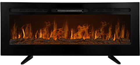 Chimenea Eléctrica de Pared Estufa Calefactor 950W/1850W Piedrecitas Cristales Leño Simulados Brillo Ajustable con Mando 12 Colores de Llama LED Temporizador 15-35°C (127x48x14.7cm,50 Pulgadas)