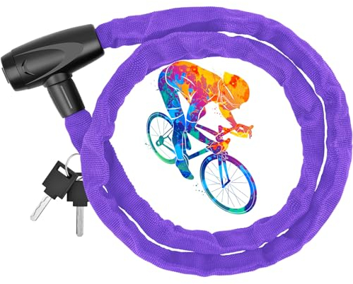 Chaîne Antivol Vélo, Husgw Chaînes Antivol avec 2 Clés, Cadenas Antivol Vélo Scooter avec Couvercle Etanche, Cadenas de Chaîne pour Bicyclette, Moto, Trotinette (Violet, 4 * 1200 mm)