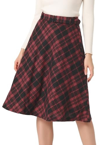 Allegra K Jupe midi trapèze Vintage à Carreaux Taille Haute avec Ceinture pour Femme Noir Rouge S