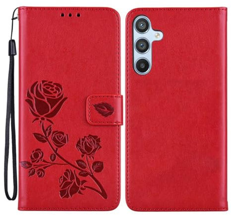 GOKEN Coque pour Samsung Galaxy A05s 4G, Housse TPU/PU Flip Portefeuille Cuir Portefeuille Étui avec Carte Fente/Stand Fonction, 3D Rose Magnétique Protection Case Cover, Rouge