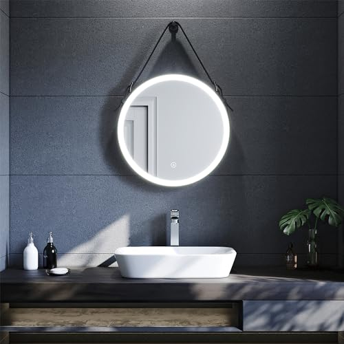SUNXURY Badspiegel Rund LED Badspiegel mit Beleuchtung 60 cm Touch beschlagfrei Spiegel mit Beleuchtung Schwarz Wandspiegel Kaltweiß IP44