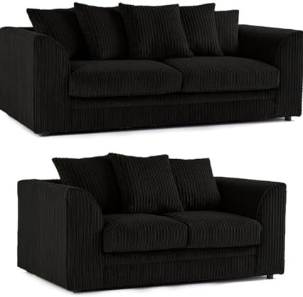 Jumbo Cord Scatter Back 3 and 2 Seater Sofa Sets Supreme Comfort Duo Dylan Black Soft Cord Settee Collection For Your Living Space with Double the Style and Comfort (Black, 3+2 Seater)