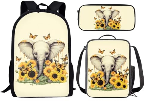 chaqlin Netter Elefant Rucksack für Mädchen Kinder Tier Print Schultaschen Set mit Sonnenblume Elefant Bleistiftetui und Lunch Box 3-teilige Kinder High School Buchtaschen Set Reise Großer Rucksack